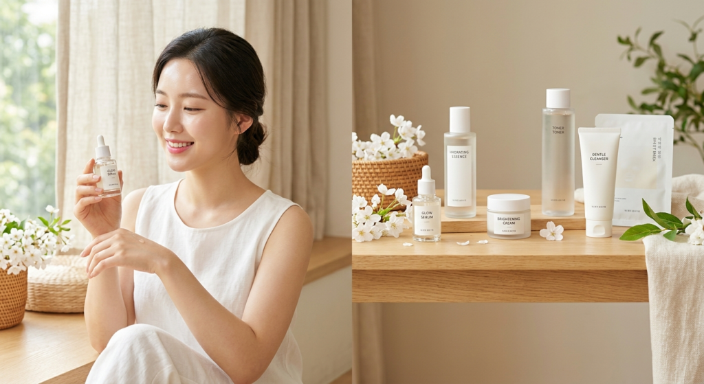 Alt Text:
Korean makeup look with fresh skin and soft eye makeup